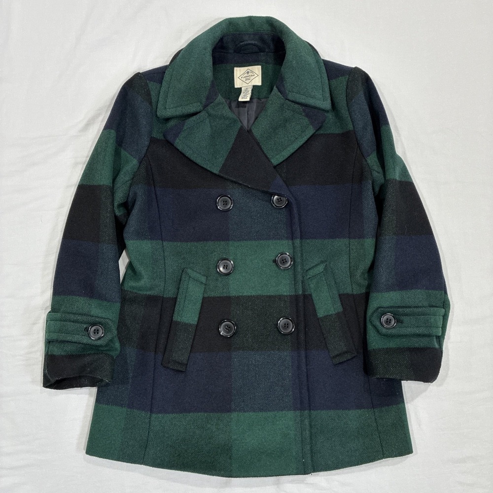 St. John's Bay Plaid Peacoat Wool Blend Jacket Size S Green Navy Double Breasted